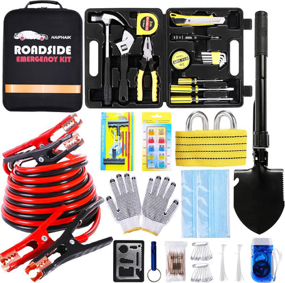 Car Emergency Kit with Jumper Cables Car Safety Kit Vehicle Emergency | Car Emergency Kits for Vehicles Headlamps, Car Glasses Holder, Safety Hammer, Ideal Gifts for New Drivers