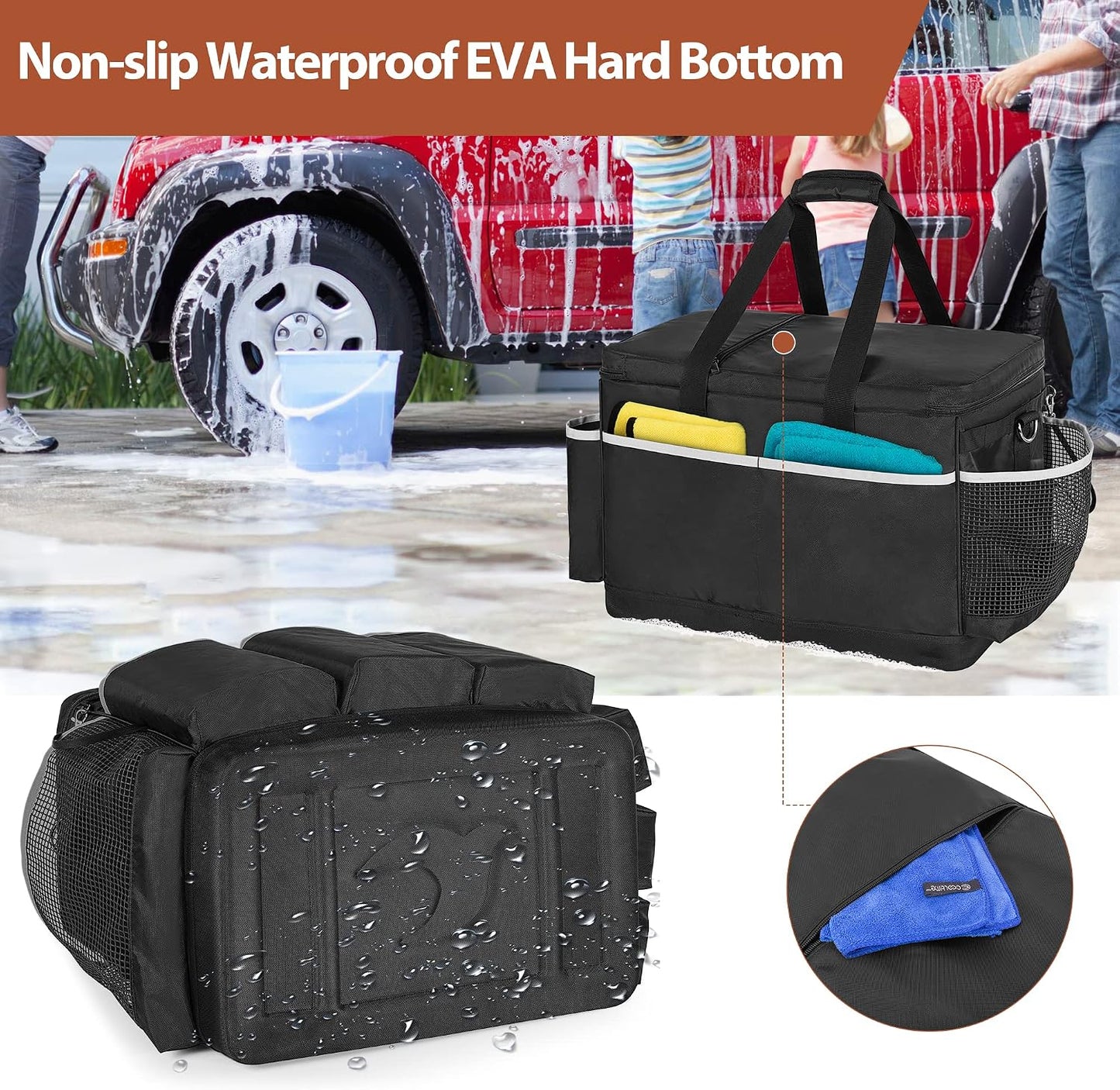 HODRANT Extra-Large Detailing Bag with Waterproof EVA Hard Bottom, Auto Detail Supplies Organizer for Polisher, Bottles & Detailing Kit, Car Care Tools Tote with Lid & Shoulder Strap, Patent Design