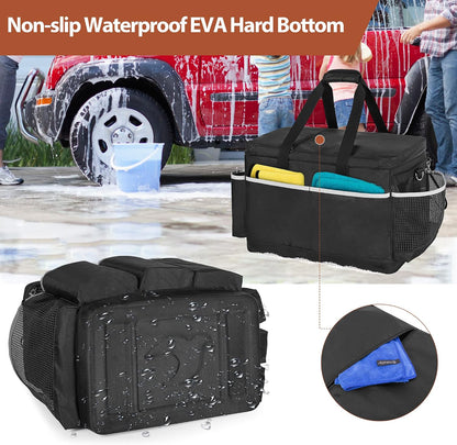 HODRANT Extra-Large Detailing Bag with Waterproof EVA Hard Bottom, Auto Detail Supplies Organizer for Polisher, Bottles & Detailing Kit, Car Care Tools Tote with Lid & Shoulder Strap, Patent Design