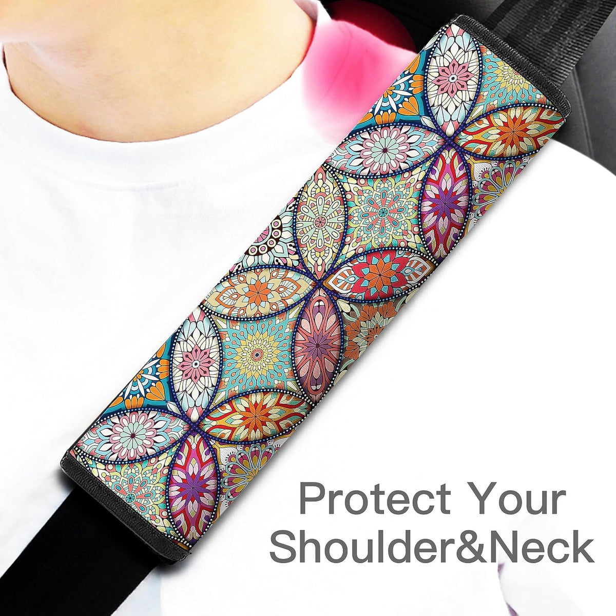 Car Seat Belt Pad Cover, 2-Pack Soft Car Safety Seat Belt Strap Shoulder Pad for Adults and Children, Suitable for Car Seat Belt, Backpack, Shoulder Bag (Pretty Mandala)