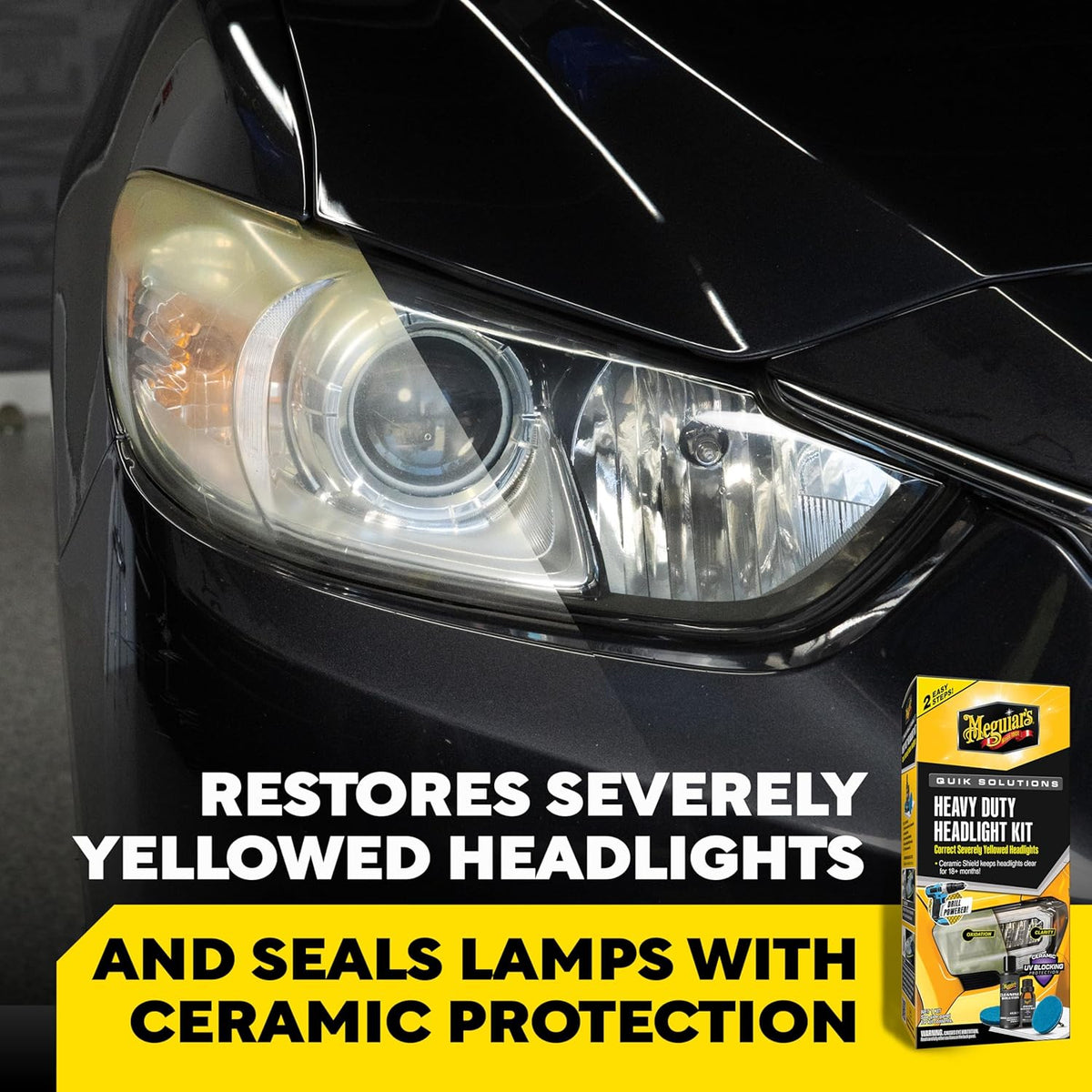 Meguiar's Heavy Duty Headlight Kit,This Headlight Restoration Kit Includes Headlight Cleaner, Ceramic Protection, Drill Backing Plate, Pads, & Towelettes, 18 Plus Months of Protection, Car Care Kit