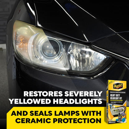 Meguiar's Heavy Duty Headlight Kit,This Headlight Restoration Kit Includes Headlight Cleaner, Ceramic Protection, Drill Backing Plate, Pads, & Towelettes, 18 Plus Months of Protection, Car Care Kit