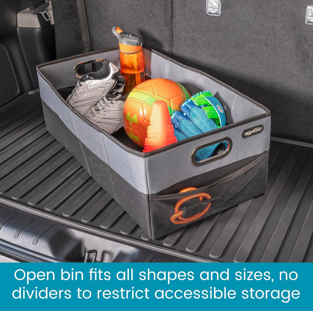 High Road CargoCube Car Storage Bin - Leakproof Car Trunk Storage Organizer with Metal Handles and Front Mesh Pocket (Square)