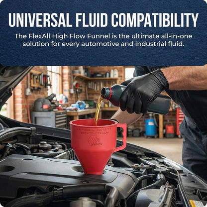 TEC Products FlexAll Short Neck Funnel - Flexible Funnel w/Hose, Durable Nitrile Rubber Automotive Funnels - Oil Change Tool for Transmission Fluid, Diesel, Gas - USA Made - Large (11 x 5.73 Inches)