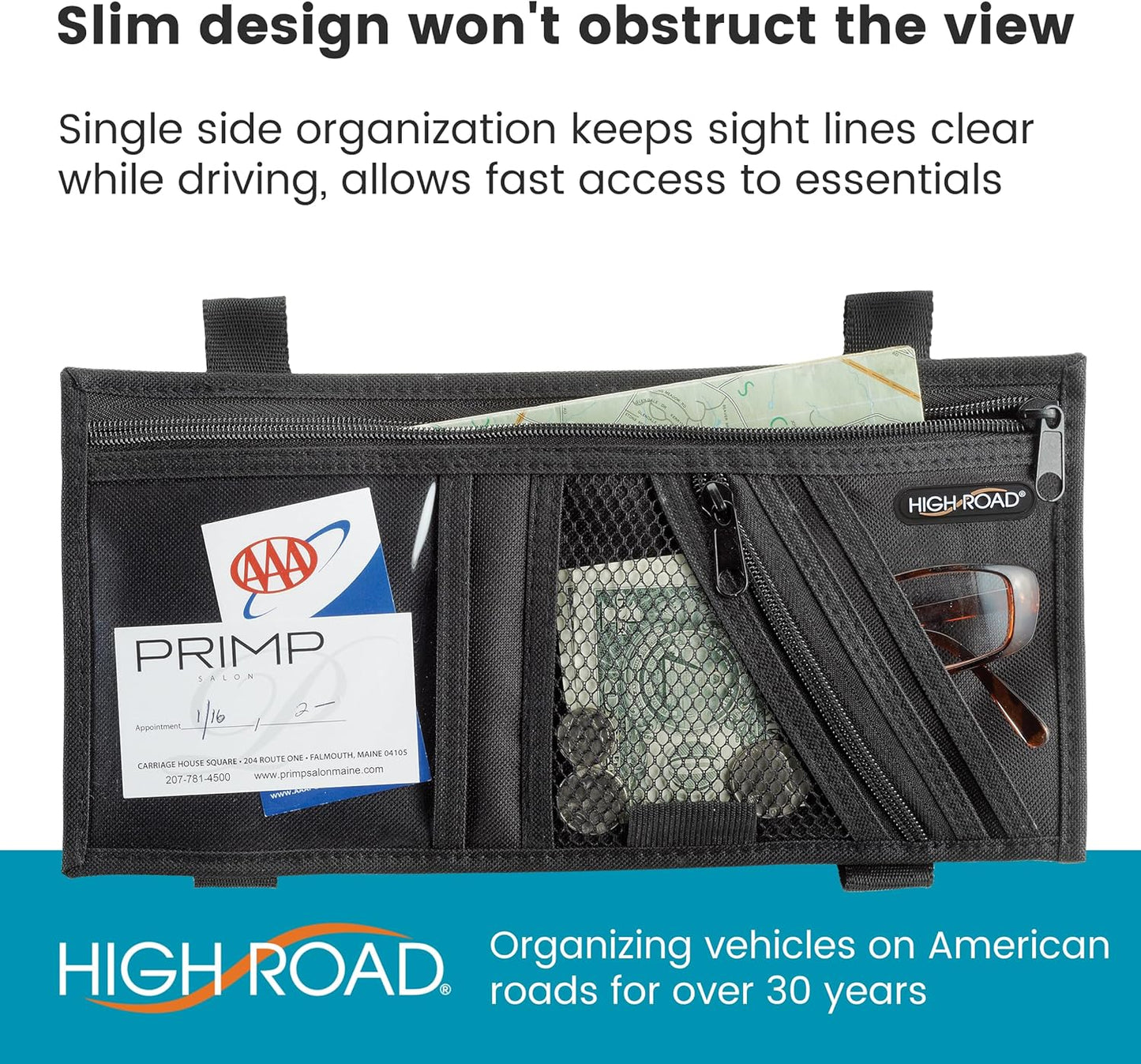 High Road Car Visor Organizer with Secure Zip Pockets, Sunglasses Holder and Clear Registration and Insurance Pocket - Heavy Duty Straps Fit Most Car, SUV and Truck Visors