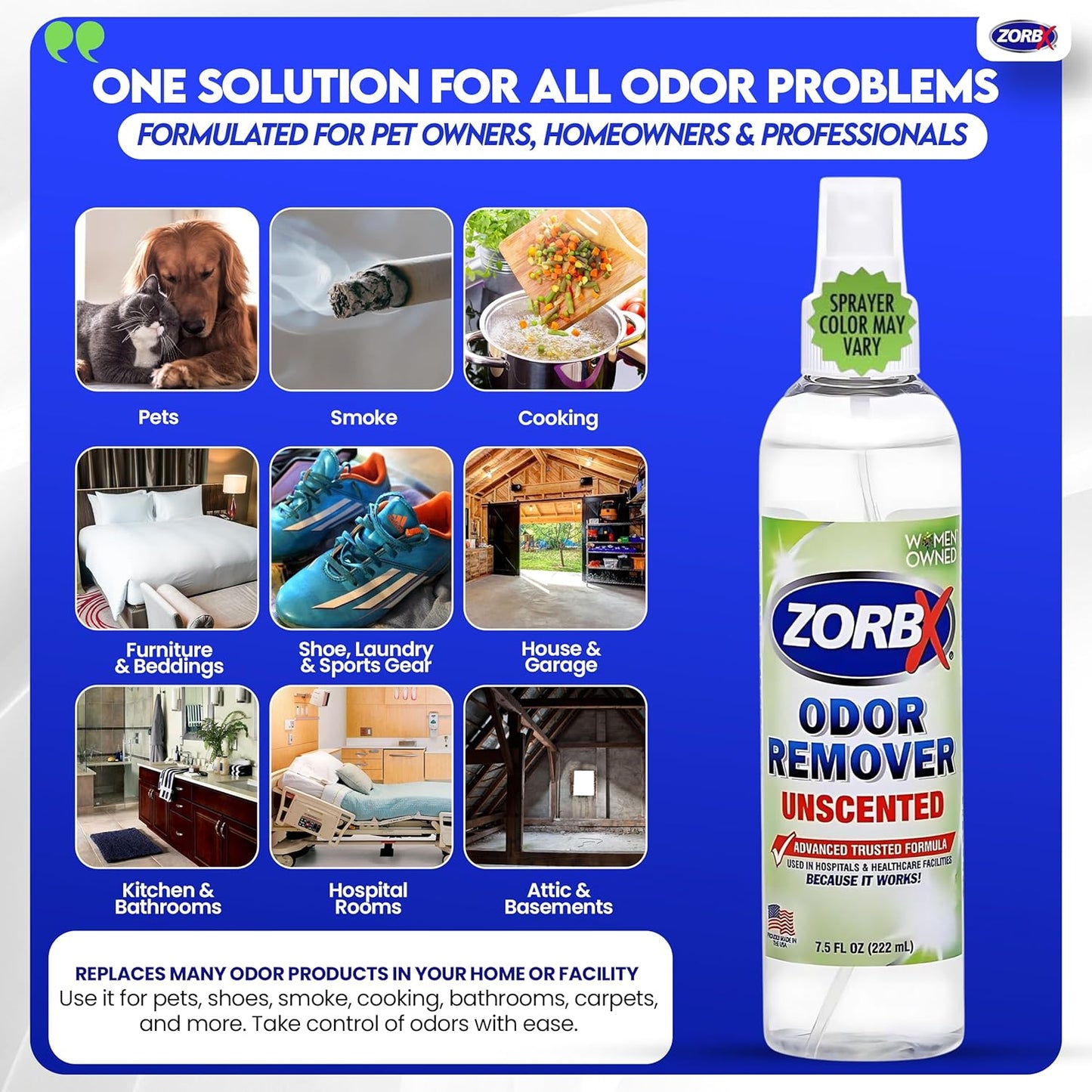 ZORBX Unscented Odor Eliminator for Strong Odor 2 Fl Oz, Pack of 1 - Used in Hospitals & Healthcare Facilities - Advanced Formula, Fast-Acting Odor Remover Spray for Dog, Cat, House & Carpet