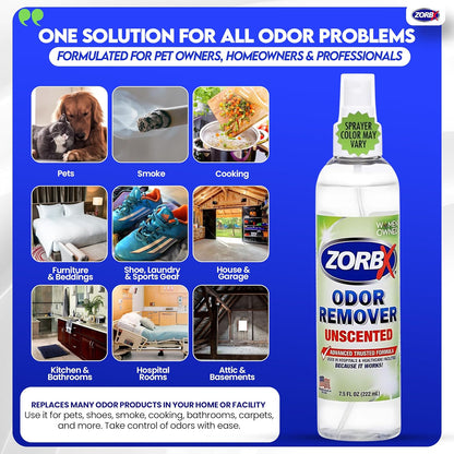 ZORBX Unscented Odor Eliminator for Strong Odor 2 Fl Oz, Pack of 1 - Used in Hospitals & Healthcare Facilities - Advanced Formula, Fast-Acting Odor Remover Spray for Dog, Cat, House & Carpet