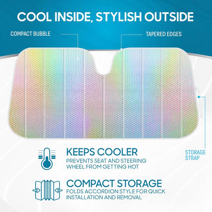 Iridescent Matte White Front Windshield Sunshade-Accordion Folding Auto Shade for Car Truck SUV-Blocks UV Rays Sun Visor Protector-Keeps Your Vehicle Cool- 58 x 27 in