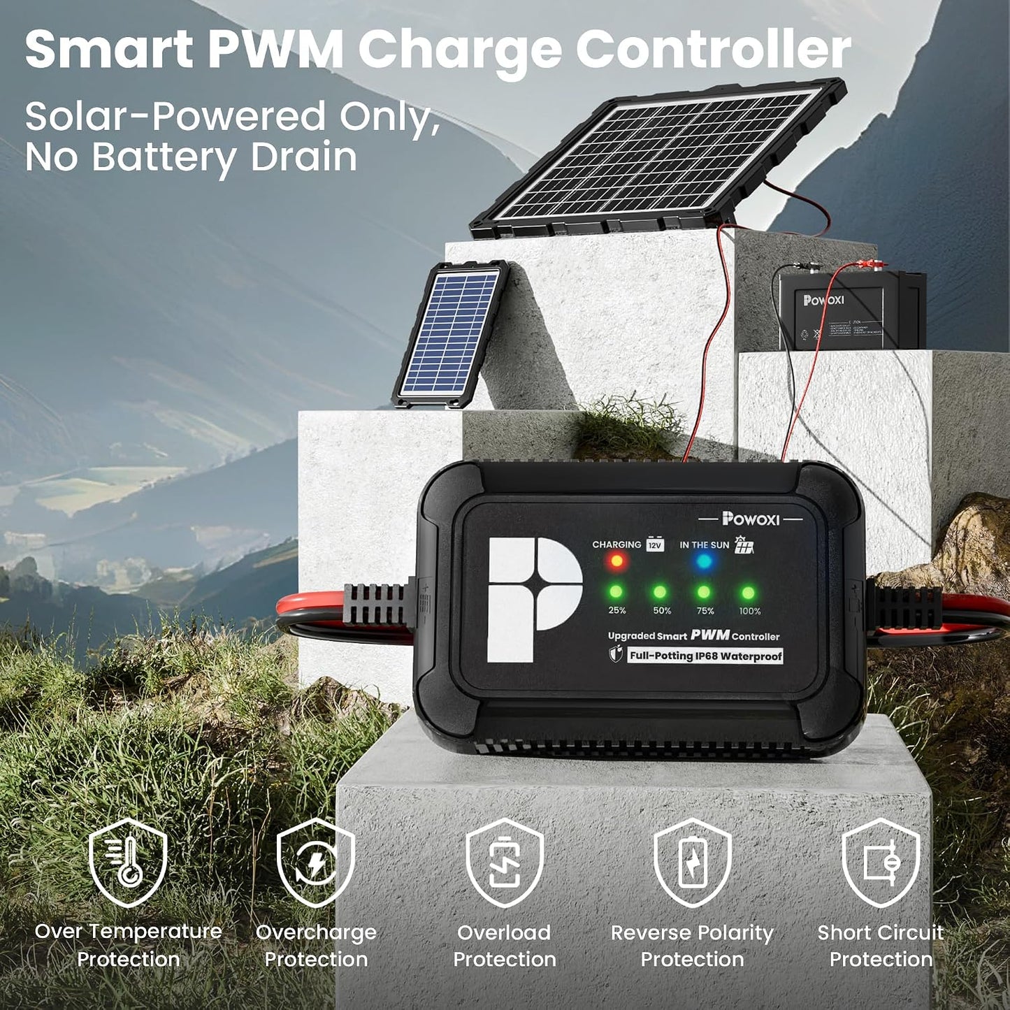 POWOXI Upgraded 7.5W-Solar-Battery-Trickle-Charger-Maintainer-12V Portable Waterproof Solar Panel Trickle Charging Kit for Car, Automotive, Motorcycle, Boat, Marine, RV,Trailer, Snowmobile, etc.