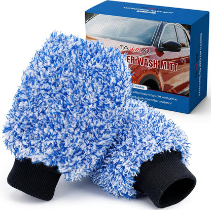 TAKAVU Car Wash Mitt Scratch Free, 2 Pack Microfiber Wash Mitts for Auto Detailing, Soft Lint Free Cleaning Gloves, Holds Sudsy Water, Machine Washable (Blue)