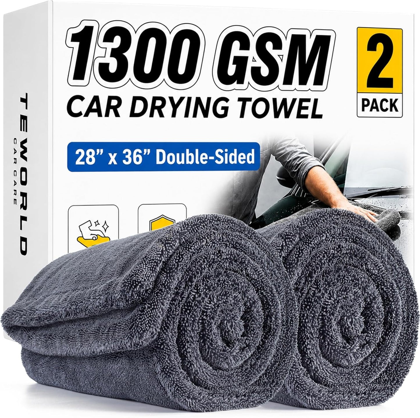 1400 GSM Car Drying Towels – XXL Microfiber Towels for Cars (48" x 24"), Ultra-Absorbent, Streak-Free, Scratch-Free, No Water Spots, Double-Twist Pile & Edgeless Design