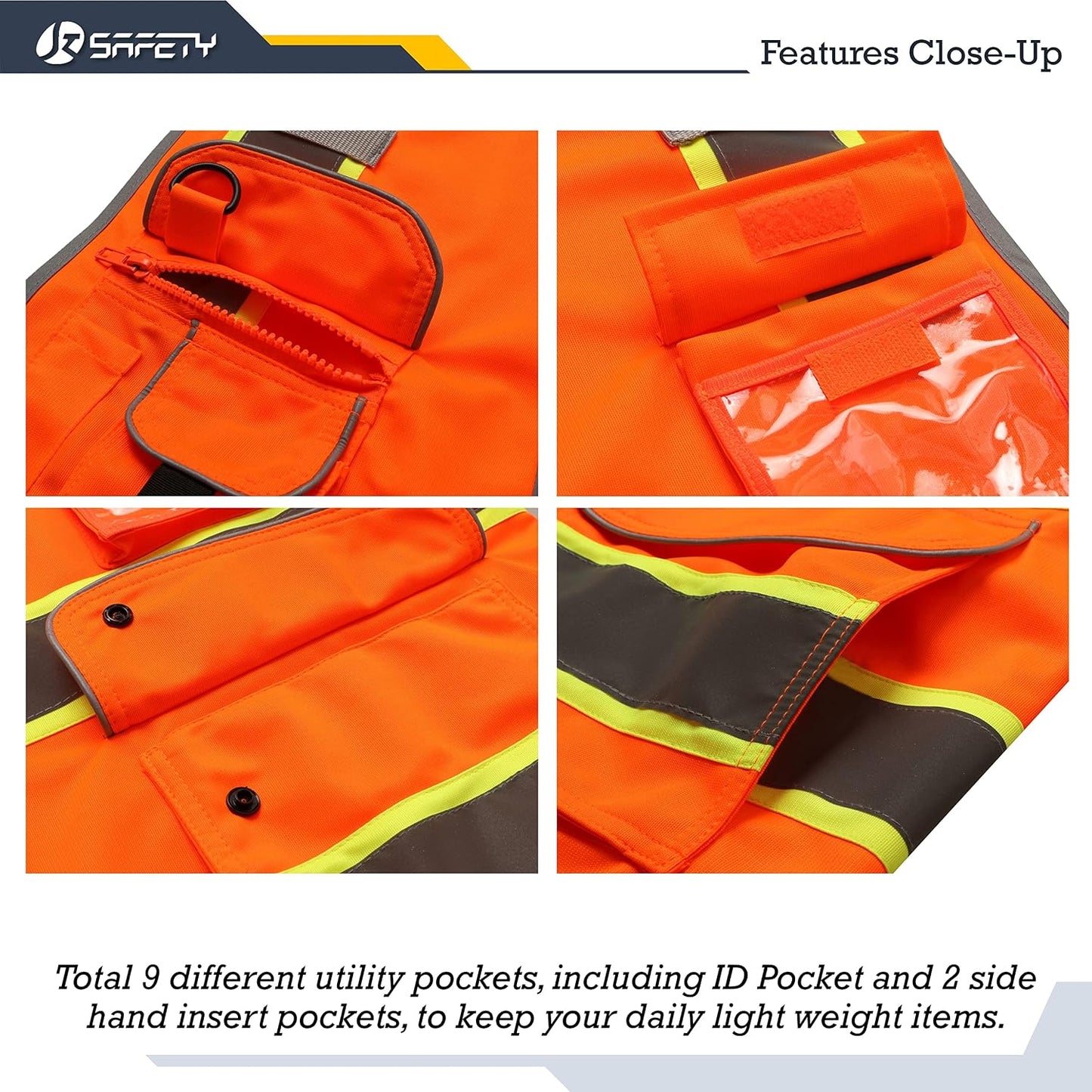 JKSafety 9 Pockets Class 2 High Visibility Zipper Front Safety Vest With Reflective Strips,Meets ANSI/ISEA Standard (Large, 150-Yellow) - Colors B