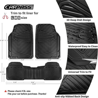 CAR PASS Rubber Car Mats, Waterproof Car Floor Mats All Weather,Car Mat Full Set 3 Piece, Automotive Floor Mat Trim to Fit for Cars Sedans SUVs Trucks, Anti-Slip Easy Clean, All Black