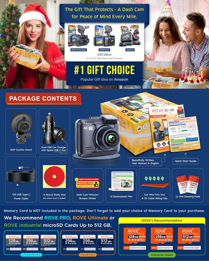 ROVE R2-4K Dash Cam, 4K UHD 2160P Car Camera with 8MP CMOS Sensor, Built-in WiFi 6 and GPS, Dash Camera For Cars with 2.4" Screen, Super Night Vision, 150" Wide Angle, Parking Mode, Supports 512GB Max