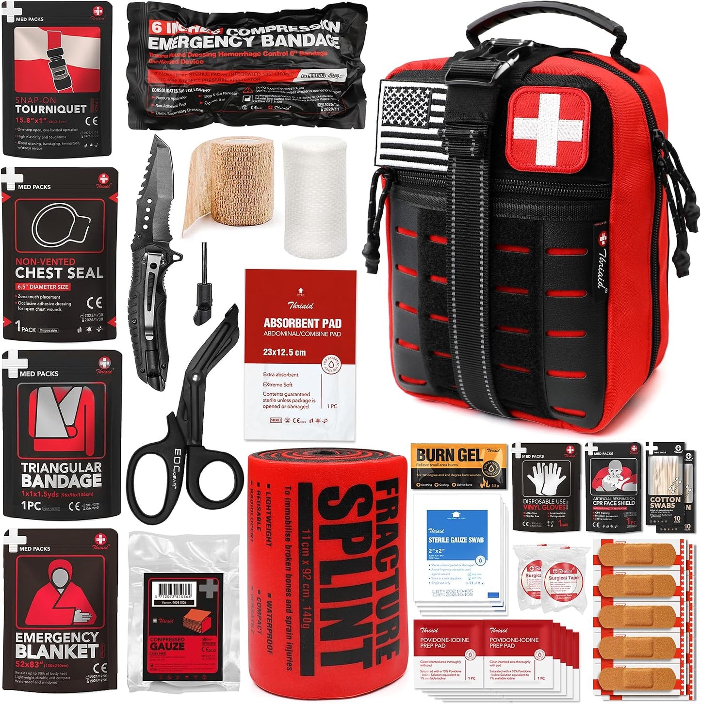 Survival First Aid Kit with Israeli Bandage, Chest Seal, Tourniquet, Splint, Tactical Military Combat Molle IFAK for Wound Care, Bleeding Control, Trauma Hemorrhage and More (Black)