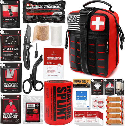 Survival First Aid Kit with Israeli Bandage, Chest Seal, Tourniquet, Splint, Tactical Military Combat Molle IFAK for Wound Care, Bleeding Control, Trauma Hemorrhage and More (Black)