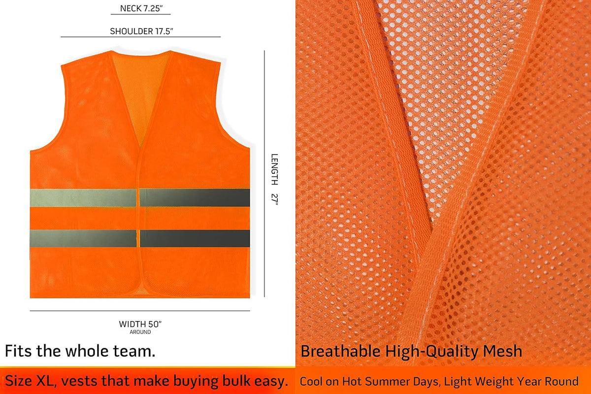 PeerBasics Safety Vests 10 Pack - Yellow Reflective High Visibility, Hi Vis Silver Strip, Men Women, Work, Cycling, Runner, Surveyor, Volunteer, Crossing Guard, Road, Construction, Neon (Mesh, 10)