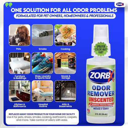 ZORBX Unscented Odor Eliminator for Strong Odor 2 Fl Oz, Pack of 1 - Used in Hospitals & Healthcare Facilities - Advanced Formula, Fast-Acting Odor Remover Spray for Dog, Cat, House & Carpet