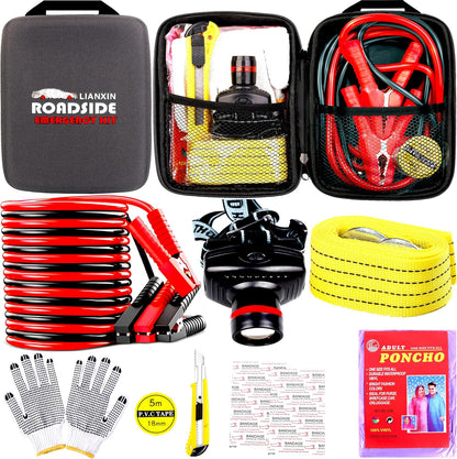 LIANXIN Car Roadside Emergency Kit, with Jumper Cables Automotive Kit,Car Safety Roadside Assistance Kit Headlamp,Tow Straps, Safety Hammers, Rainwear, Gloves.Black