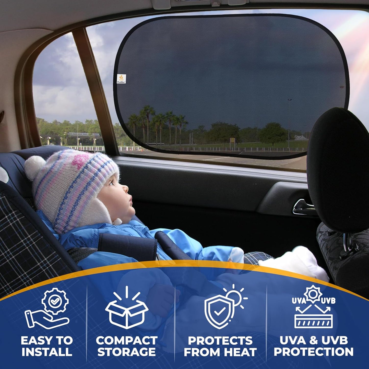 EcoNour Car Window Shades for Baby (4 Pack) | Protects Baby from Window Sun & Heat | Sun Shade Side Windows for Kids | Automotive Sun Protection from UV | Child Safety Accessories | Medium - 20"x12"