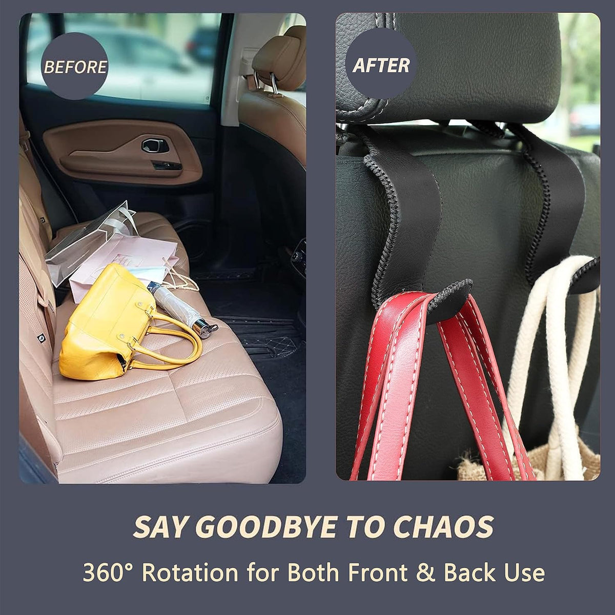 Amooca 4-Pack Car Headrest Hooks Vehicle Storage Organizer for Purses Handbags Groceries Backpack Coats –Holds 55lbs 360° Rotating Black