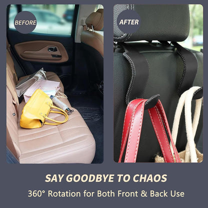 Amooca 4-Pack Car Headrest Hooks Vehicle Storage Organizer for Purses Handbags Groceries Backpack Coats –Holds 55lbs 360° Rotating Black
