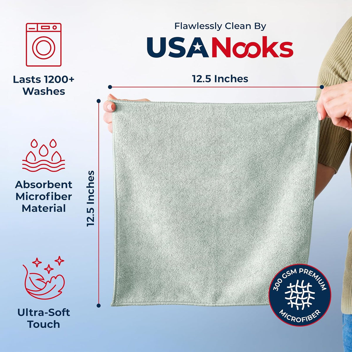 USANOOKS Microfiber Cleaning Cloth Grey - 12 Pcs (12.5"x12.5") - High Performance - 1200 Washes, Ultra Absorbent Microfiber Towel Weave Grime & Liquid for Streak-Free Mirror Shine - Car Washing Cloth