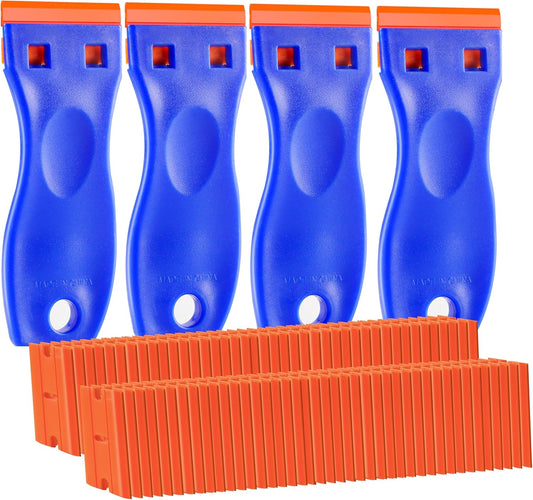 4 PCS Plastic Razor Blade Scraper and 120 PCS Plastic Razor Blades, Cleaning Scraper Tool for Remover, Adhesive, Stickers, Decals, Glass, Labels, Cars Windows