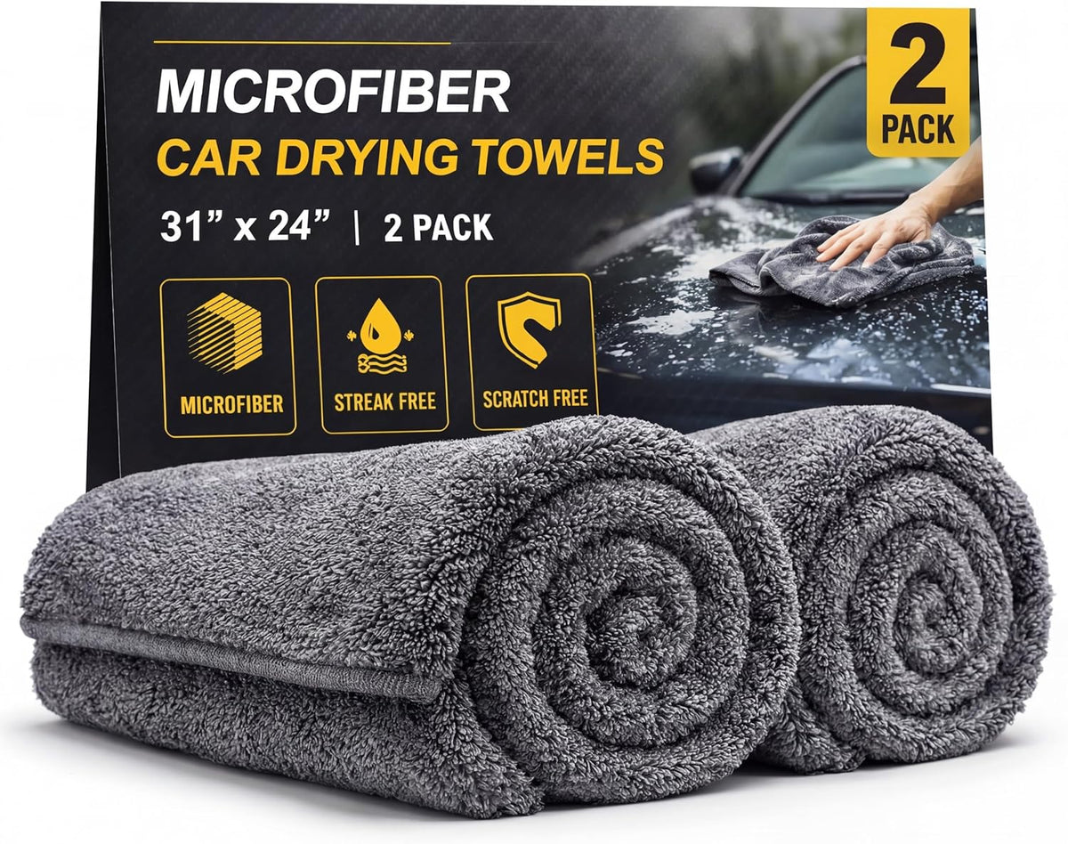 2 Pack Professional Large Microfiber Car Drying Towels (31" x 24"), Scratch Free, Lint Free, Highly Absorbent Quick Drying Towel Cloth for Cars, SUVs, RVs, Trucks Boats, Car Detailing
