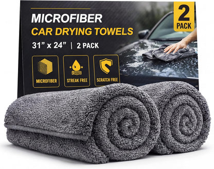 2 Pack Professional Large Microfiber Car Drying Towels (31" x 24"), Scratch Free, Lint Free, Highly Absorbent Quick Drying Towel Cloth for Cars, SUVs, RVs, Trucks Boats, Car Detailing