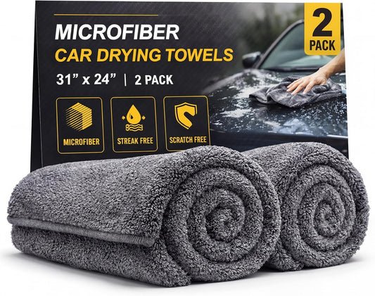 2 Pack Professional Large Microfiber Car Drying Towels (31" x 24"), Scratch Free, Lint Free, Highly Absorbent Quick Drying Towel Cloth for Cars, SUVs, RVs, Trucks Boats, Car Detailing