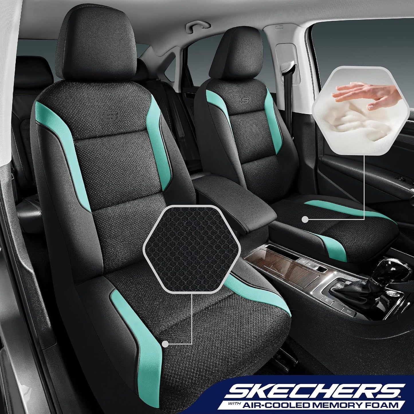 Skechers Memory Foam Seat Covers, Air Cool Mesh Thick Car Seat Covers, Car Seat Covers Front Seats Airbag Compatible, Universal Automotive Comfort for Most Cars, Vans, Trucks, SUV,Black