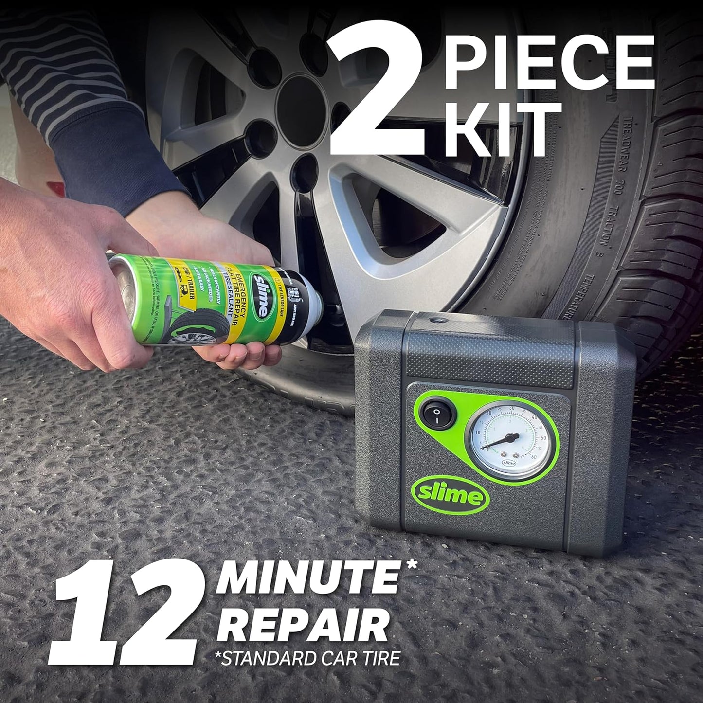 Slime 50107 Flat Tire Puncture Repair, Smart Spair, Emergency Kit For Car Tires, Includes Sealant And Tire Inflator Pump, Suitable For Cars And Other Highway Vehicles, 15 Min Fix