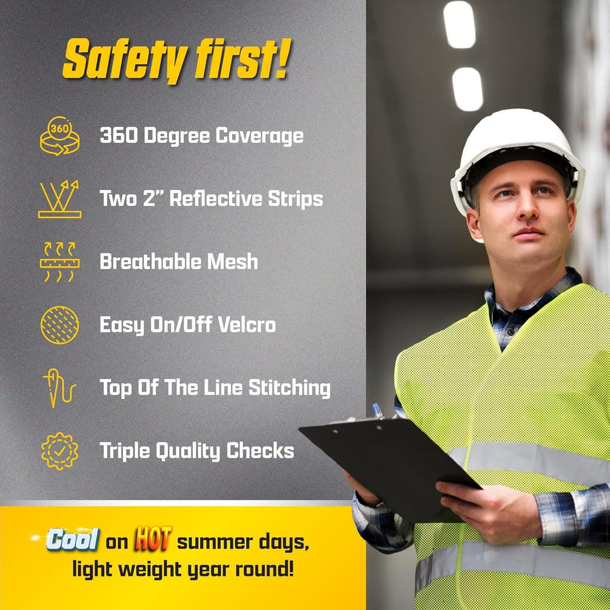 PeerBasics Safety Vests 10 Pack - Yellow Reflective High Visibility, Hi Vis Silver Strip, Men Women, Work, Cycling, Runner, Surveyor, Volunteer, Crossing Guard, Road, Construction, Neon (Mesh, 10)