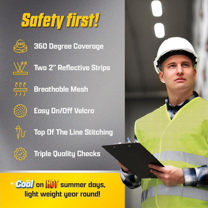 PeerBasics Safety Vests 10 Pack - Yellow Reflective High Visibility, Hi Vis Silver Strip, Men Women, Work, Cycling, Runner, Surveyor, Volunteer, Crossing Guard, Road, Construction, Neon (Mesh, 10)