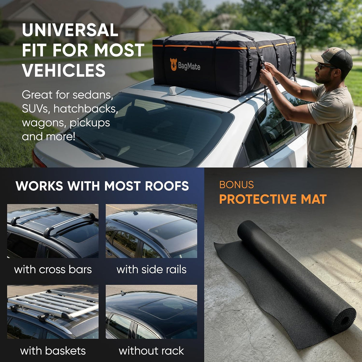 19 Cubic Feet Roof Bag – Safety Tested Heavy-Duty Waterproof Rooftop Cargo Carrier for All Cars & SUVs (with or Without Rack) – Includes Protective Mat & Storage Bag – Military-Grade 840D PVC