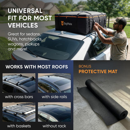 19 Cubic Feet Roof Bag – Safety Tested Heavy-Duty Waterproof Rooftop Cargo Carrier for All Cars & SUVs (with or Without Rack) – Includes Protective Mat & Storage Bag – Military-Grade 840D PVC