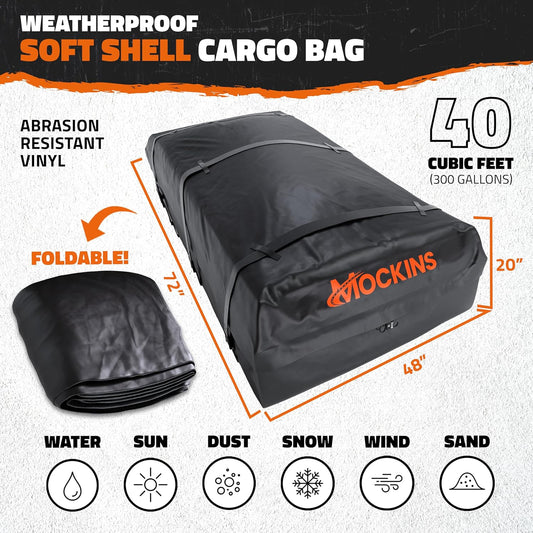 Mockins 40 CuFt XXL Roof Bag Cargo Carrier for Top of Vehicle | 72"x48"x20" Waterproof Vinyl Rooftop Cargo Carrier Bag | Secure Vehicle Soft-Shell Carriers for Car, Truck, SUV, Van, RV w/Accessories