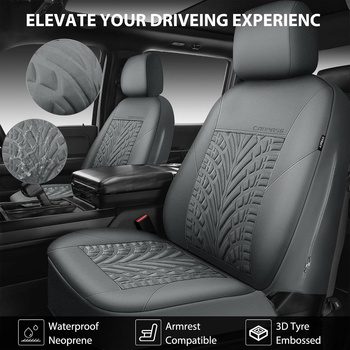 CAR PASS Car Seat Covers Full Sets, Front & Split Rear Bench for Car, 3D Tyre Embossed Automotive Interior Covers, Airbag Compatible, Quick Setup Universal Fit Seat Covers for Car, SUV(Charcoal)