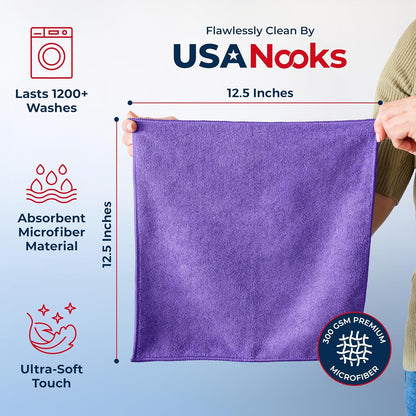 USANOOKS Premium 300GSM Microfiber Cleaning Cloth - 12.5"x12.5" High Performance - 1200 Washes, Ultra Absorbent Microfiber Towels for Cars Undercarriage, Rims & Engine Bay Cleaning - Microfiber Cloth