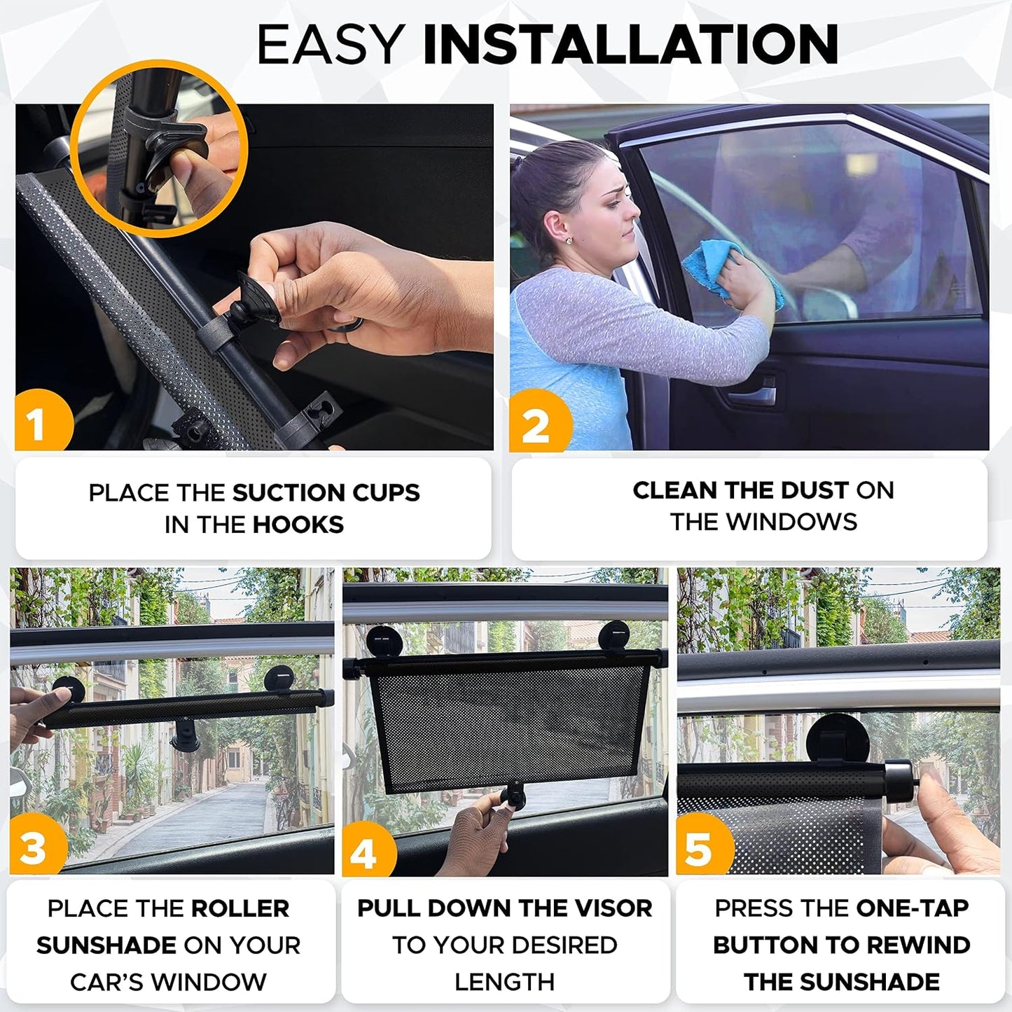EcoNour Car Side Window Sun Shade (2 Pack) | Retractable Roller Sunshade for Kids | Baby Car Window Shades for UV and Sun Glare Protection | Baby Travel Accessories (15"x17")