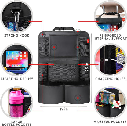 Helteko Backseat Car Organizer, Kick Mats Back Seat Protector with Touch Screen Tablet Holder, Organizer for Kids, Travel Accessories, Mat 9 Storage Pockets 2 Pack
