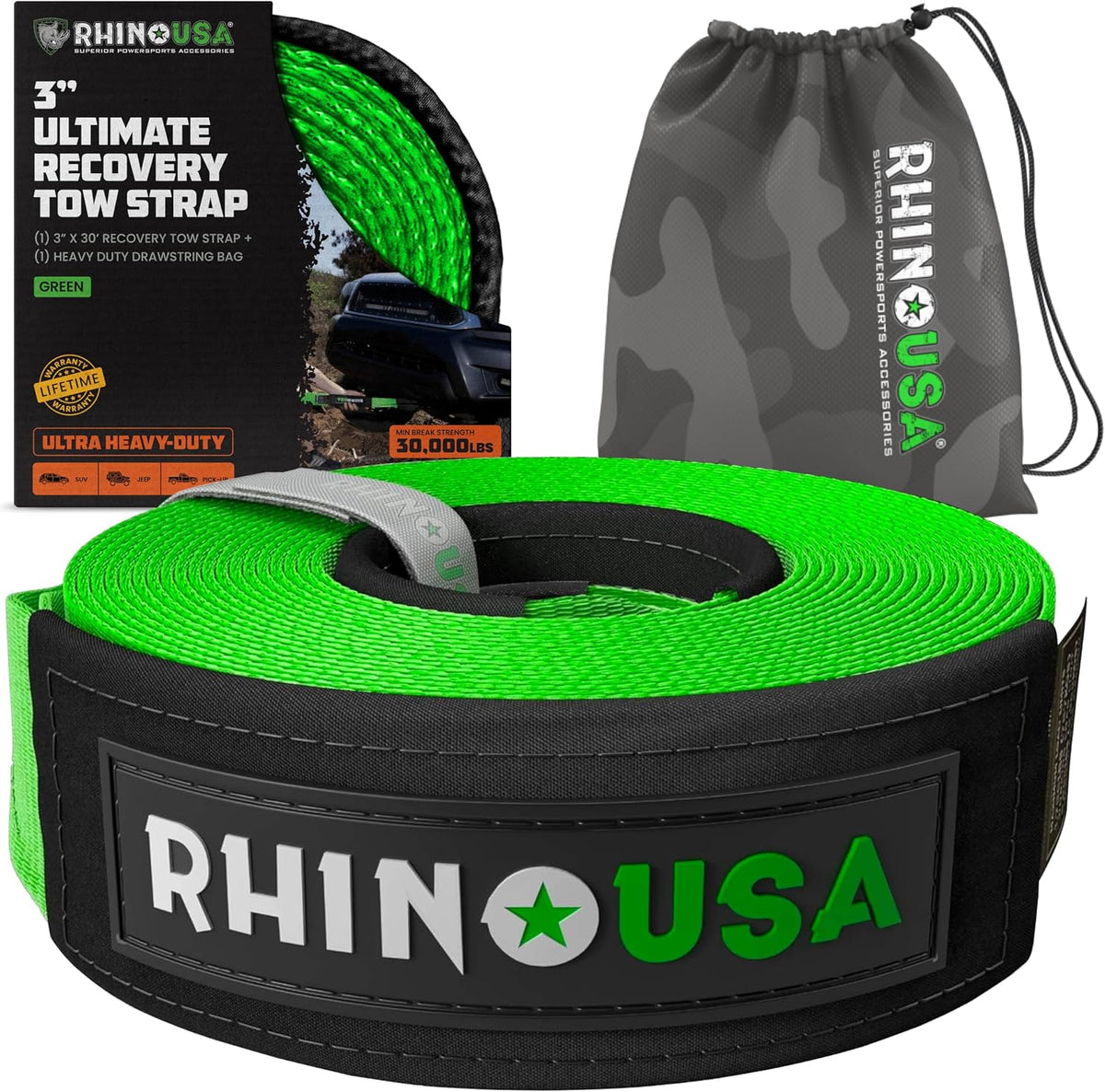 Rhino USA Recovery Tow Strap (3" x 20') - 31,518lb Break Strength - Emergency Recovery Strap Tow Rope for Truck, UTV, ATV & More - Heavy Duty Towing Strap for Offroad 4x4 Use - Compatible with Jeep