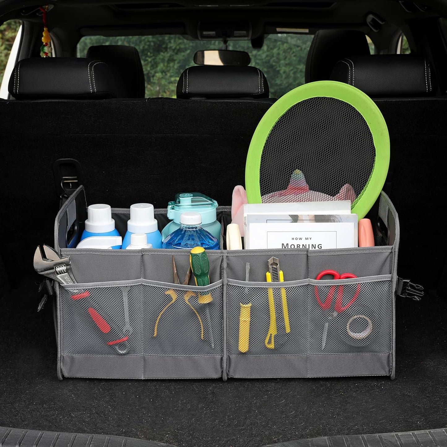 AOKJOY Car Trunk Organizer Car Storage Organizer Collapsible Multi Compartment Car Organizer Adjustable Straps for SUV(Beige)