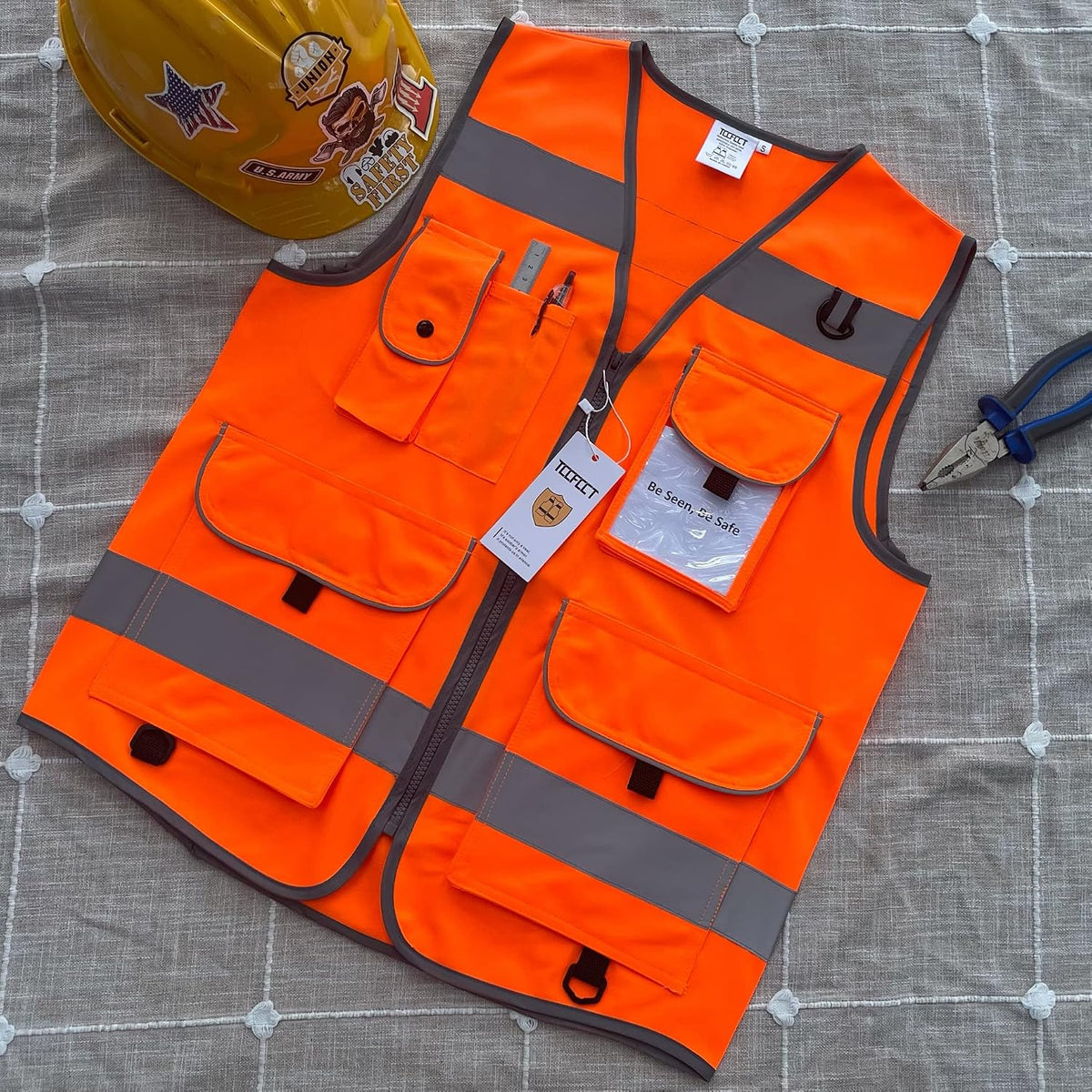 TCCFCCT Safety Vest for Men Women 9 Pockets High Visibility Vest for Safety, Reflective Work Vest with Reflective Strips, Meets ANSI/ISEA Standards, (Yellow, Large)