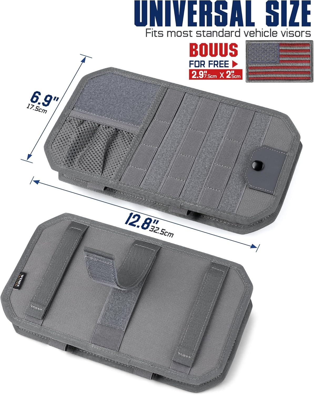 WYNEX Molle Car Sun Visor Organizer, Car Accessories with Zip Storage Pouch & Glasses Holder, Semi-Rigid Molle Panel with Patch for Tactical Gears, Fits Most Cars, Trucks, Pickups, Patrols