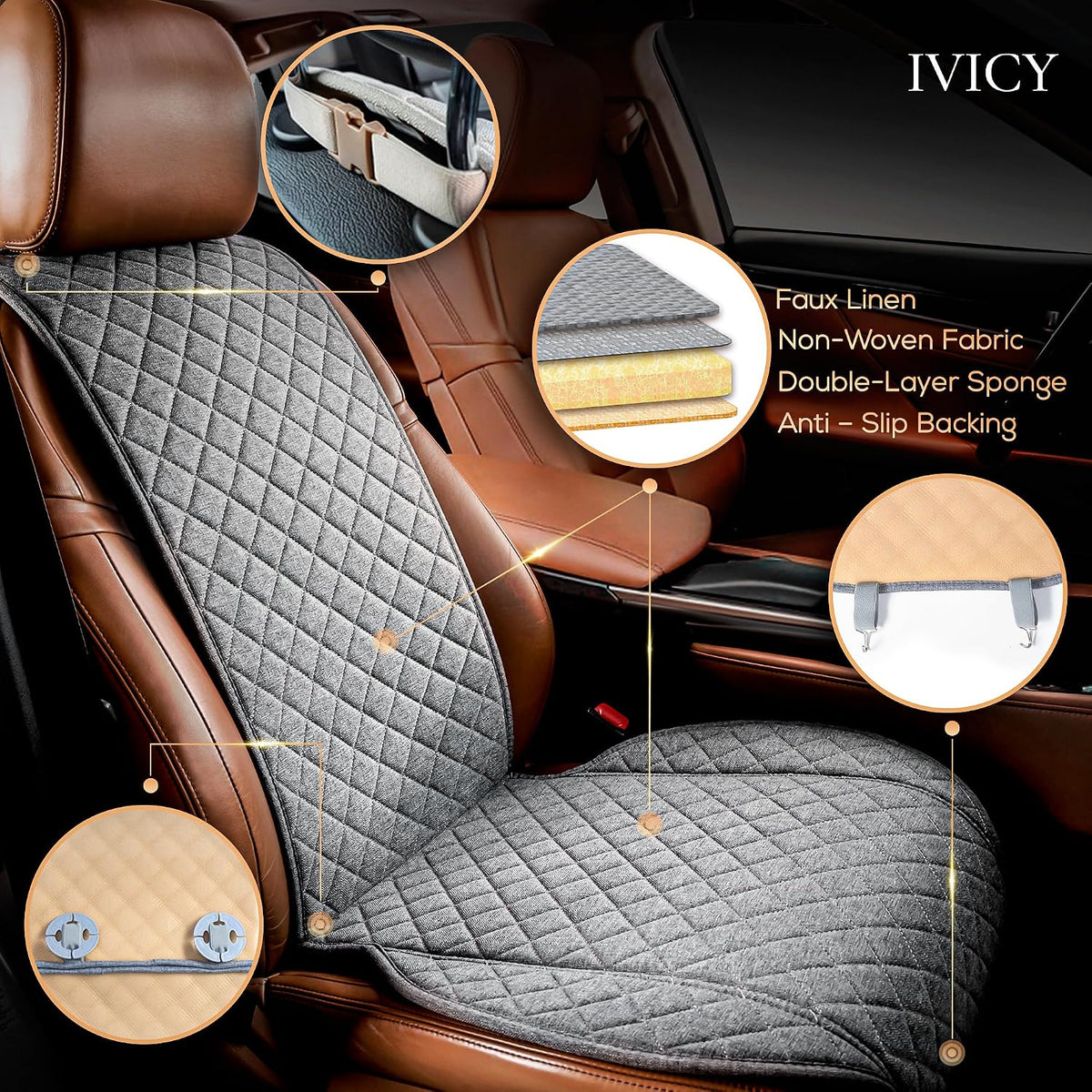 IVICY Faux Linen Front Car Seat Cover – Non-Slip Bucket Seat Protector for Most Cars, SUVs, Vans & Trucks – 1 Seat Cover, Machine Washable, Side-Airbag Friendly, Light Beige