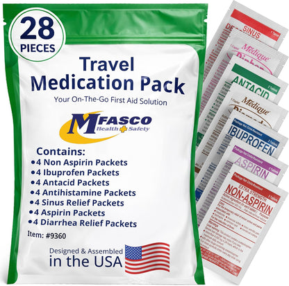 MFASCO - 7 in 1 - Travel Size Medicine Kit - TSA Approved | 28 First Aid Emergency OTC Medicine Packets for Cruise & International Travel | Compact Med Refill for Traveling & Office Assembled in USA