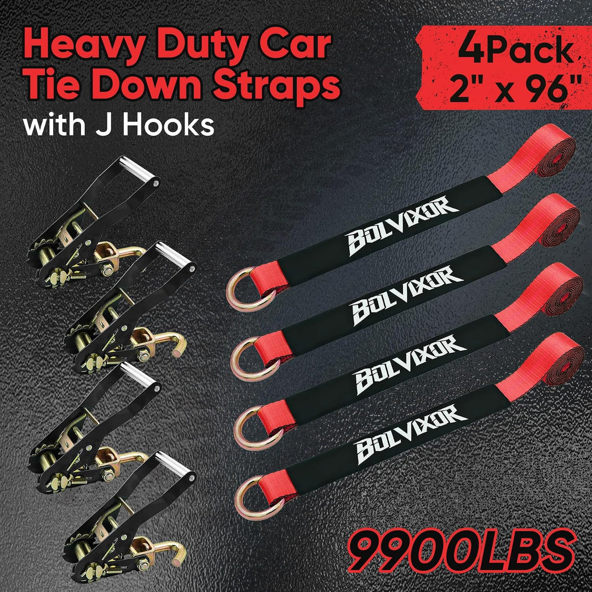 4 Pack Car Tie Down Straps for Trailers 2" x 96" - 9900LBS Break Strength - Tire Ratchet Straps with J Finger Hooks for Hauling UTV, SUV, Truck, Any Cars