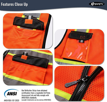JKSafety Hi Vis Reflective Safety Vests for Men Women High Visibility Vest with Pockets Mesh Fabric Construction Safety Apparel Neon Vest for Work (220-Black L)